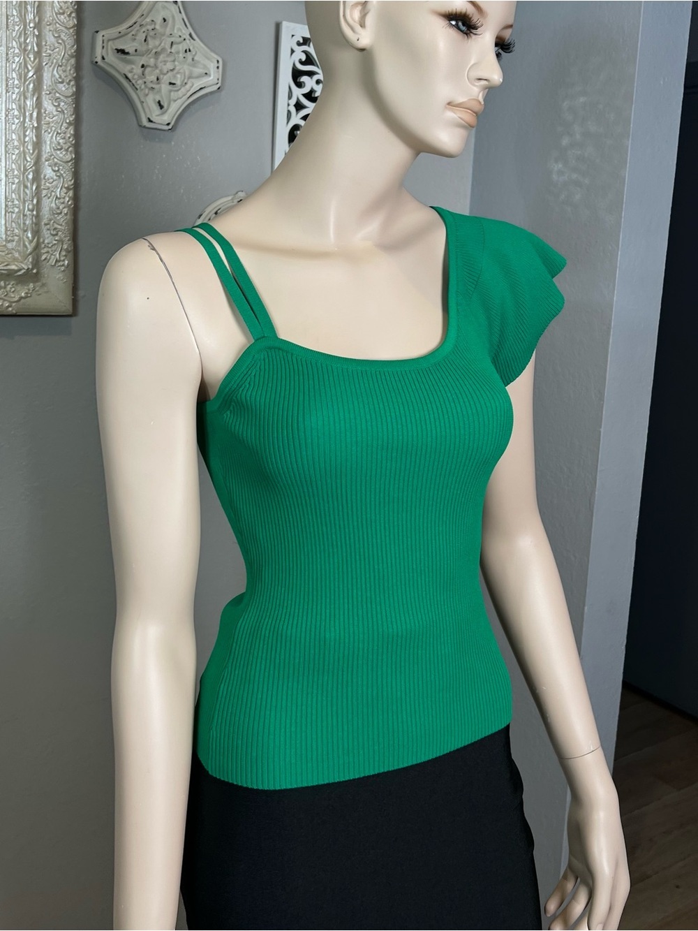 Green One-Shoulder Ruffle Knit Top - Picture 2 of 12